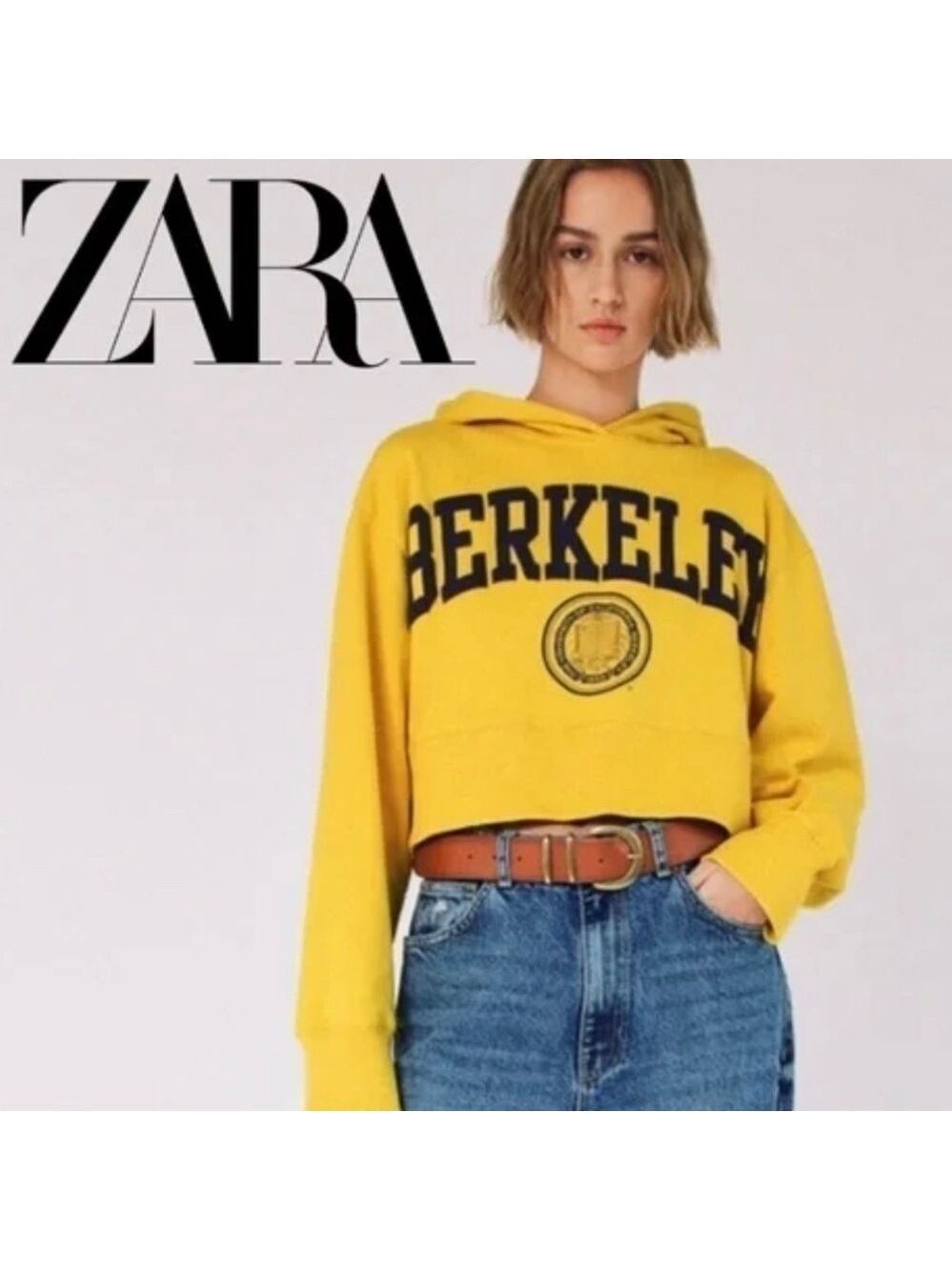 ZARA BERKELEY Cotton Graphic Cropped Hoodie in Golden Yellow US Sz M